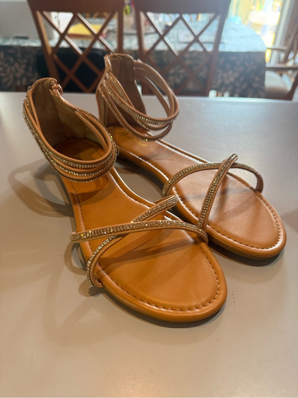 Women's Tan Strappy Sandals with Rhinestone Accents